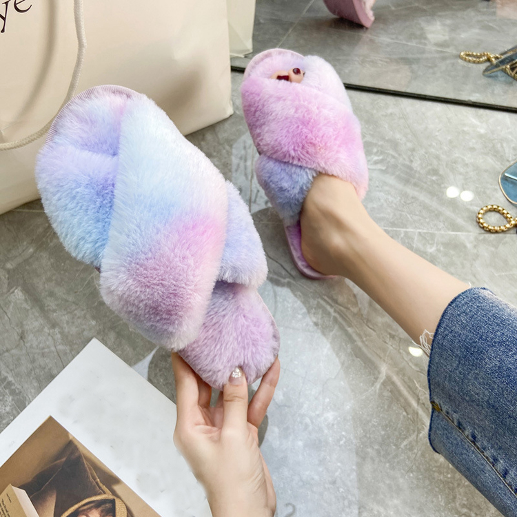 Fashion Fuzzy Sandals Plush Open Toe Faux Fur House Flat Cross Band Soft Warm Bedroom Fluffy Fur Slides Slippers