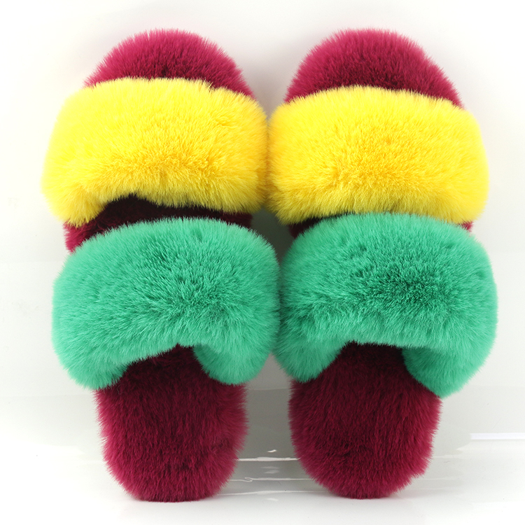 Colorful Fuzzy Rainbow Fur Two Strap Home OEM Indoor Big Fluffy Slippers