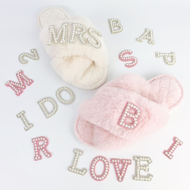 Soft Warm Elegant Cross Band Bridesmaid Fluffy Rhinestone Bride Slippers Custom Logo Wedding Shoes for Women
