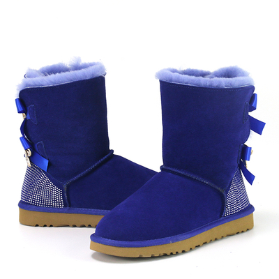 Wholesale Fashion Winter Indoor Snow Warm Fur Lined Rhinestone Sheepskin Glitter Boots with Bows