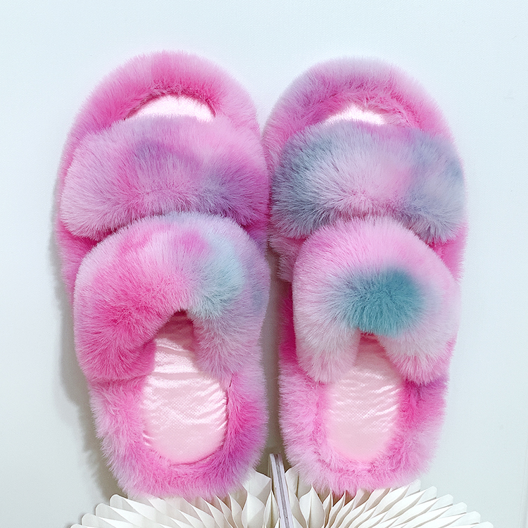 Colorful Fuzzy Rainbow Fur Two Strap Home Slippers