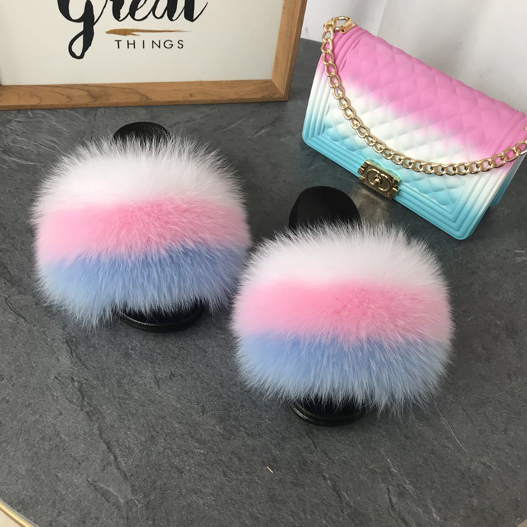 Custom Ladies Colorful Fur Slides Set Fluffy Fox Fur Slippers With Bag