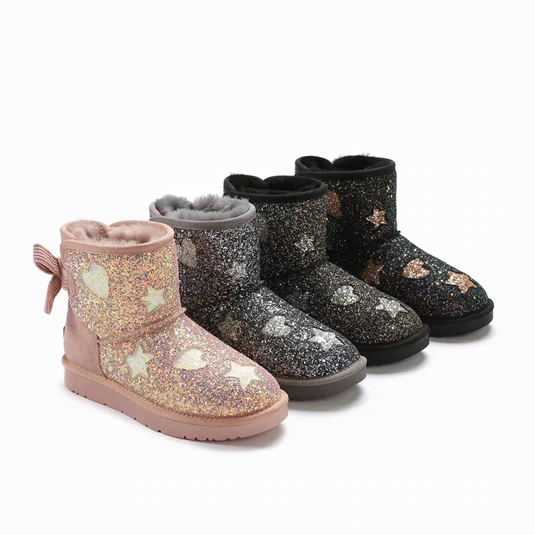 Custom 2021 New Design Sequins Sparkly Bow Warm Bling Snow Boots Women Winter Shoes