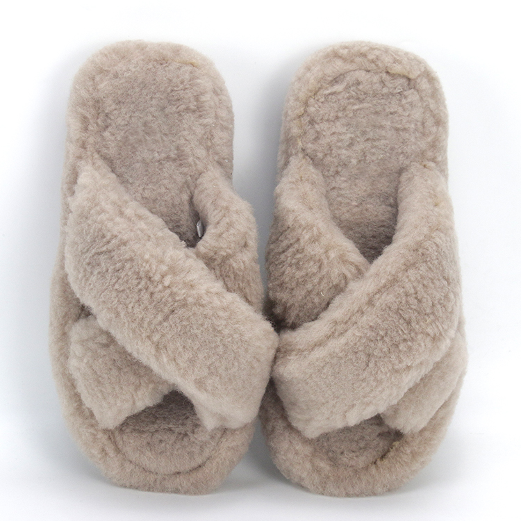 Women Fashion Indoor House Cross Band Fluffy Lamb Fur Slides Slippers