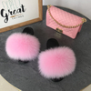 Custom Ladies Colorful Fur Slides Set Fluffy Fox Fur Slippers With Bag