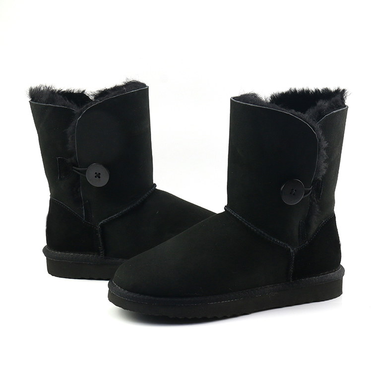 Custom Women Real Sheep Fur Leather Button Winter Wool Snow Boots Flat Non-Slip Sheep Ladies Sheepskin Boots