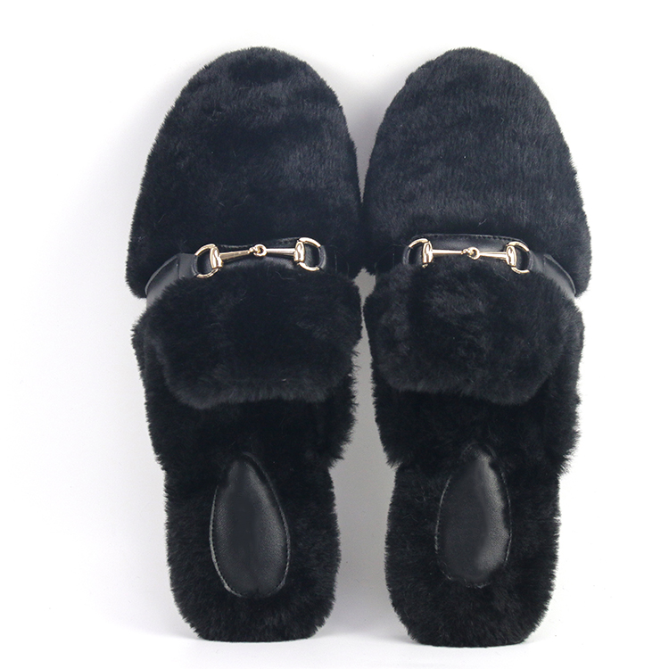 Furry Slippers with Metal Buckles