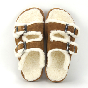 Custom Women Fashion Two Strap Fluffy Lodfers Faux Fur Birken Cork Slippers