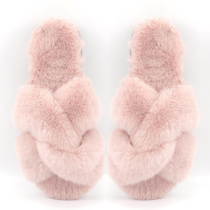 Fashion Cross Band Soft Plush Imitated Rabbit Fur House Memory Foam Lightweight Indoor Outdoor Fluffy Slippers for Women