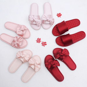 Custom New Fashion Wholesale Indoor bride Silk Luxury Wedding Satin Bow Slippers for Women