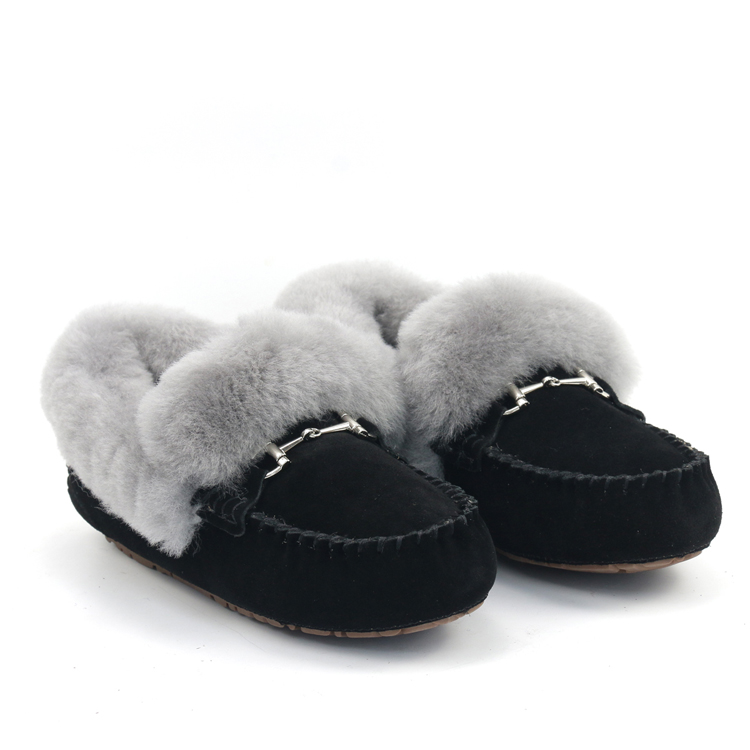 Custom Winter Warm Genuine Leather Upper Sheepskin Lining Indoor Outdoor Moccasin Sheepskin Shoes Slippers for Ladies