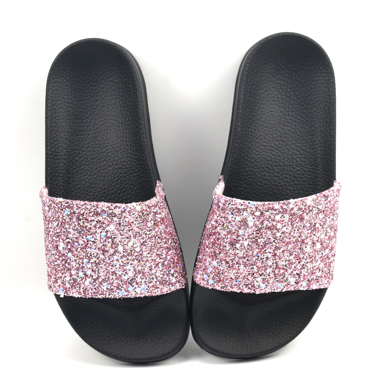 Fashion Comfortable Antislip Open Toe PVC Molded Footbed Flatform Sandals Bling Summer Flat Glitter Slippers 