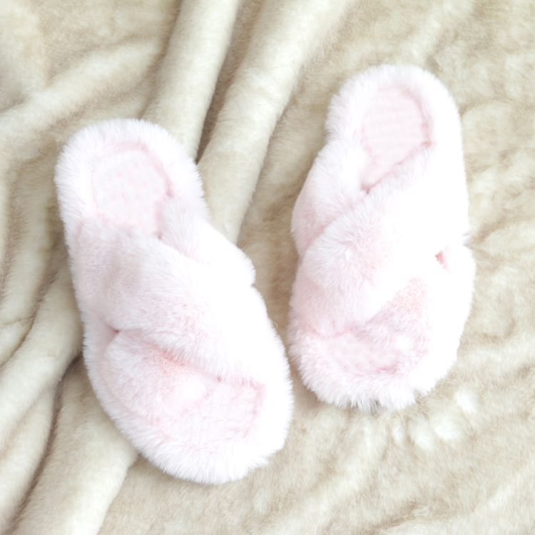 Custom Bedroom Comfort Cross Band Soft Rabbit Fur Warm House Indoor Fur Slides Slippers for Women
