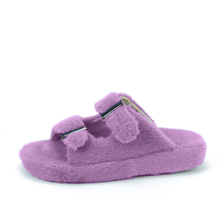 Custom Ladies Fluffy Imitated Mink Fur Two Strap Birken Sandals Slippers