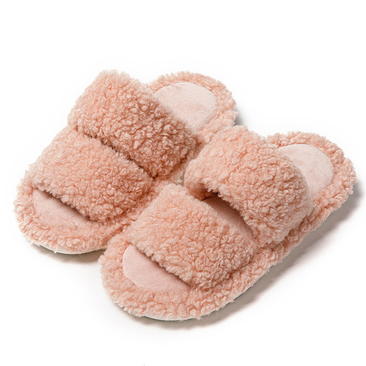 Custom Comfy Fluffy Fuzzy Double Strap Fashion Lamb Fur Slides Slippers for Women