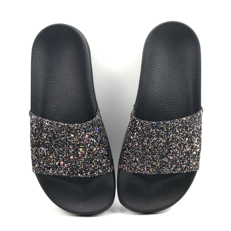 Fashion Comfortable Antislip Open Toe PVC Molded Footbed Flatform Sandals Bling Summer Flat Glitter Slippers 