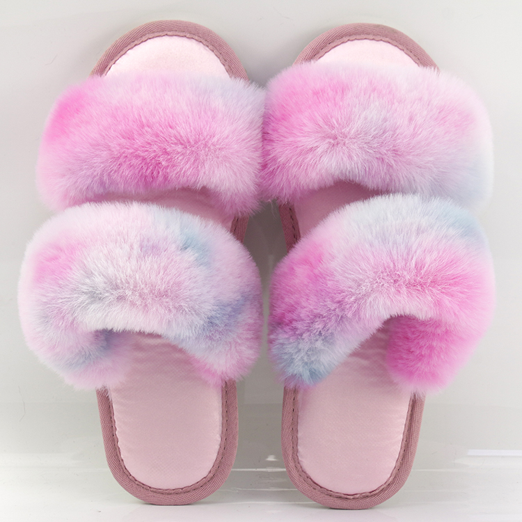 Colorful Fuzzy Rainbow Fur Two Strap Home Slippers