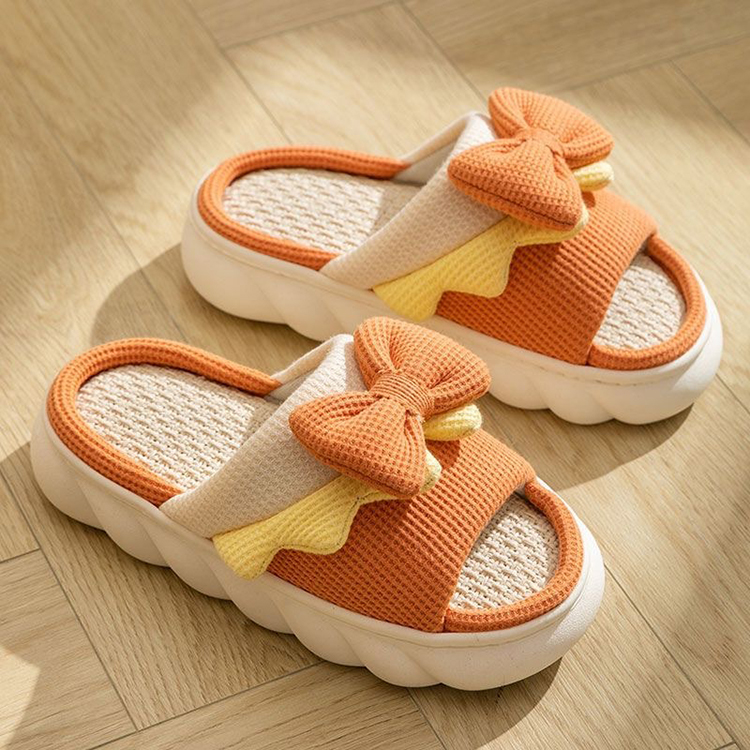 Cute Bow Indoor Cotton Linen Thick Bottom Anti Slip Sandals Flax Slippers