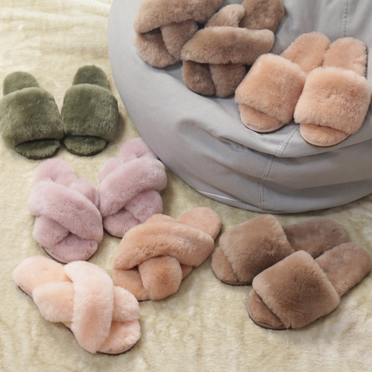 Women's Fashion Fur Soft Winter Indoor Home Real Sheepskin Open Toe Fur Slides Fluffy Slippers