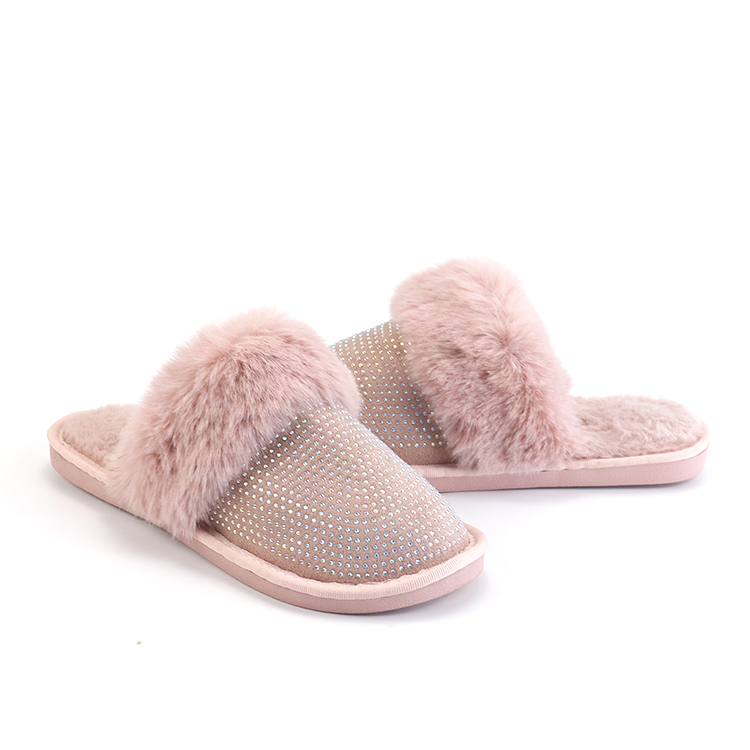 Furry Fluffy Rhinestone Slippers For Women